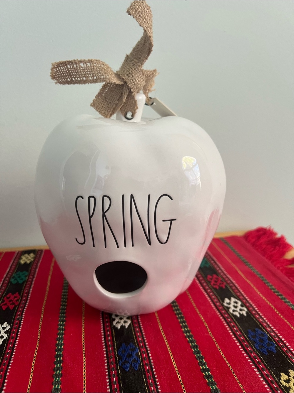 Rae Dunn White Ceramic "SPRING" Apple Birdhouse with Burlap Bow